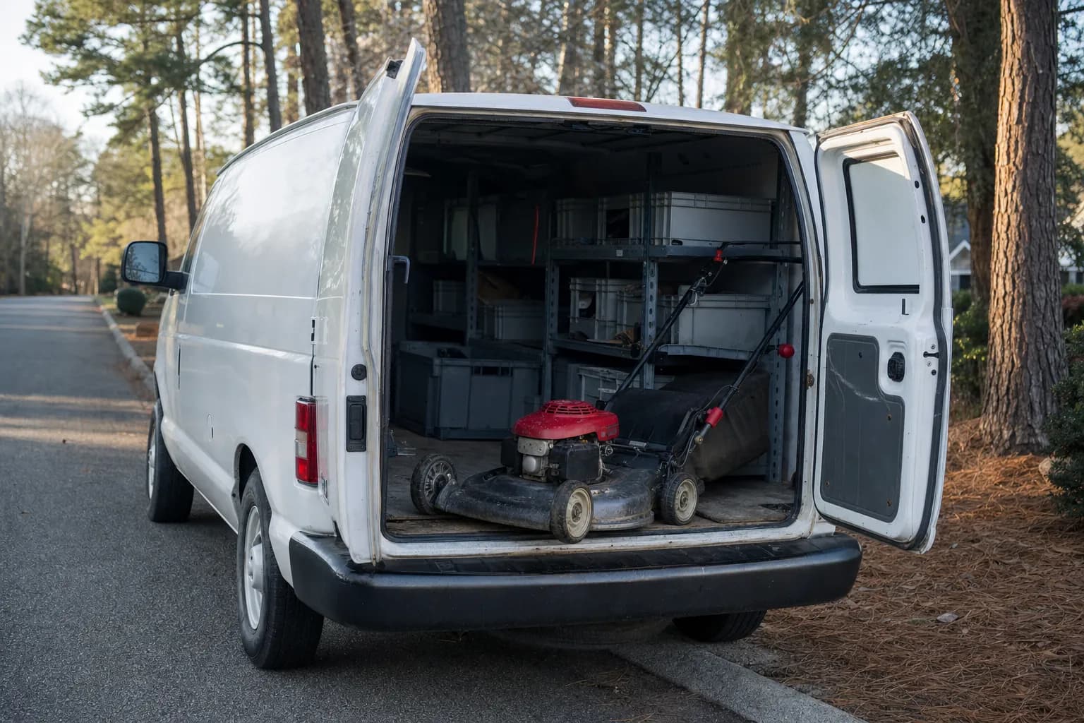 A plain white cargo van with the rear doors open and a push mower inside, on a pine-lined street