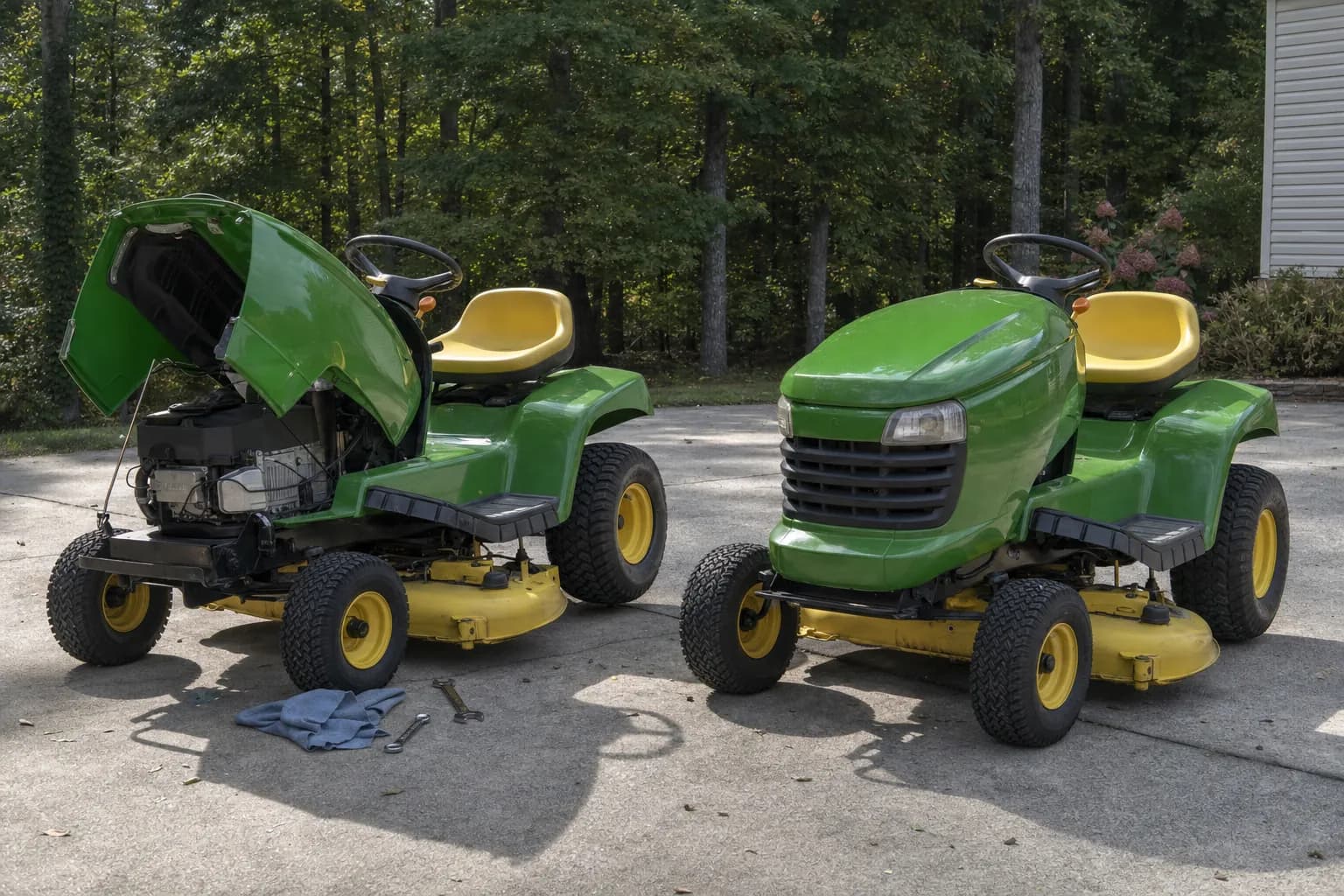 Two riding mowers on a driveway, one with the hood open and one parked ready to use