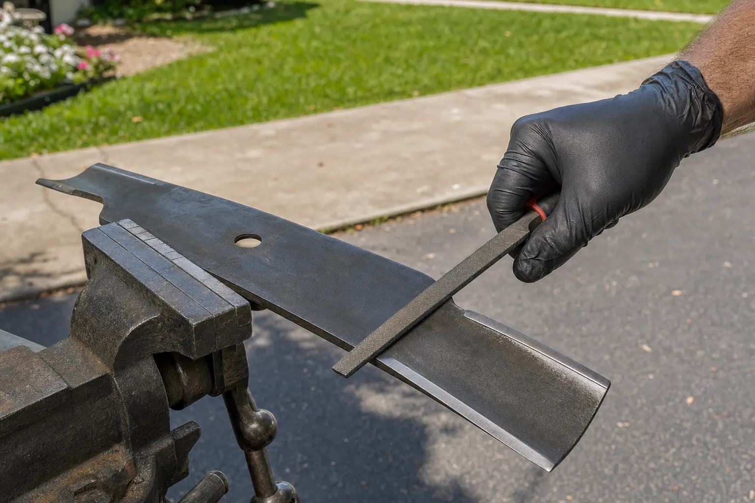 A gloved hand filing the cutting edge of a steel mower blade held in a vise