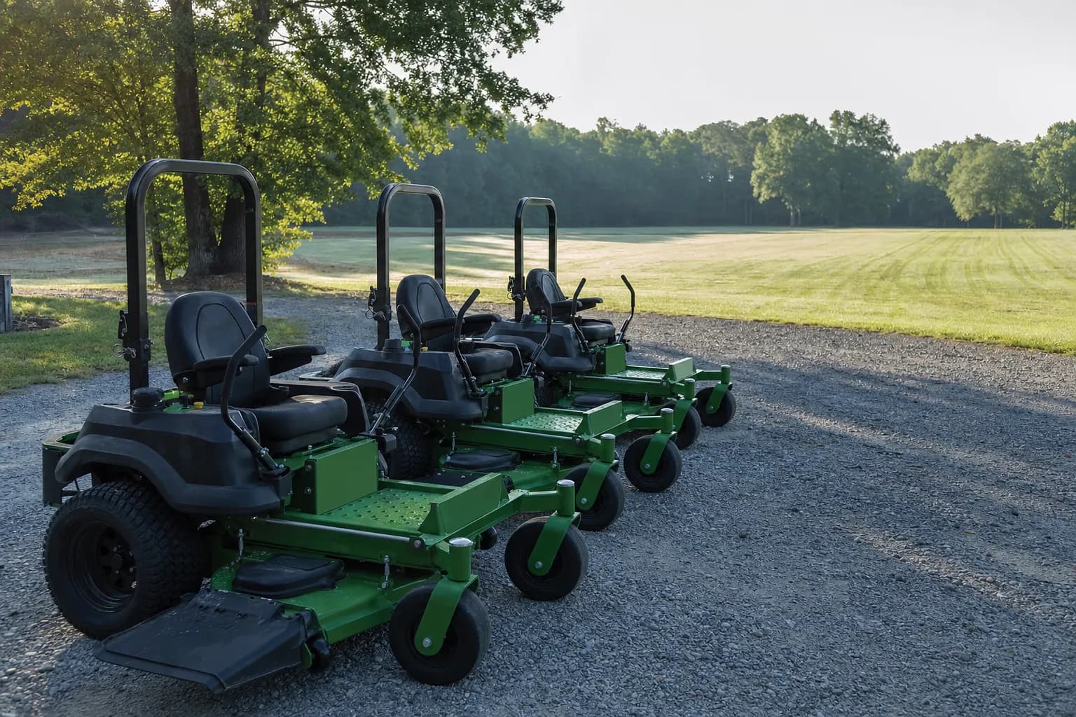 Three green zero-turn mowers parked in a row on gravel beside a mowed field