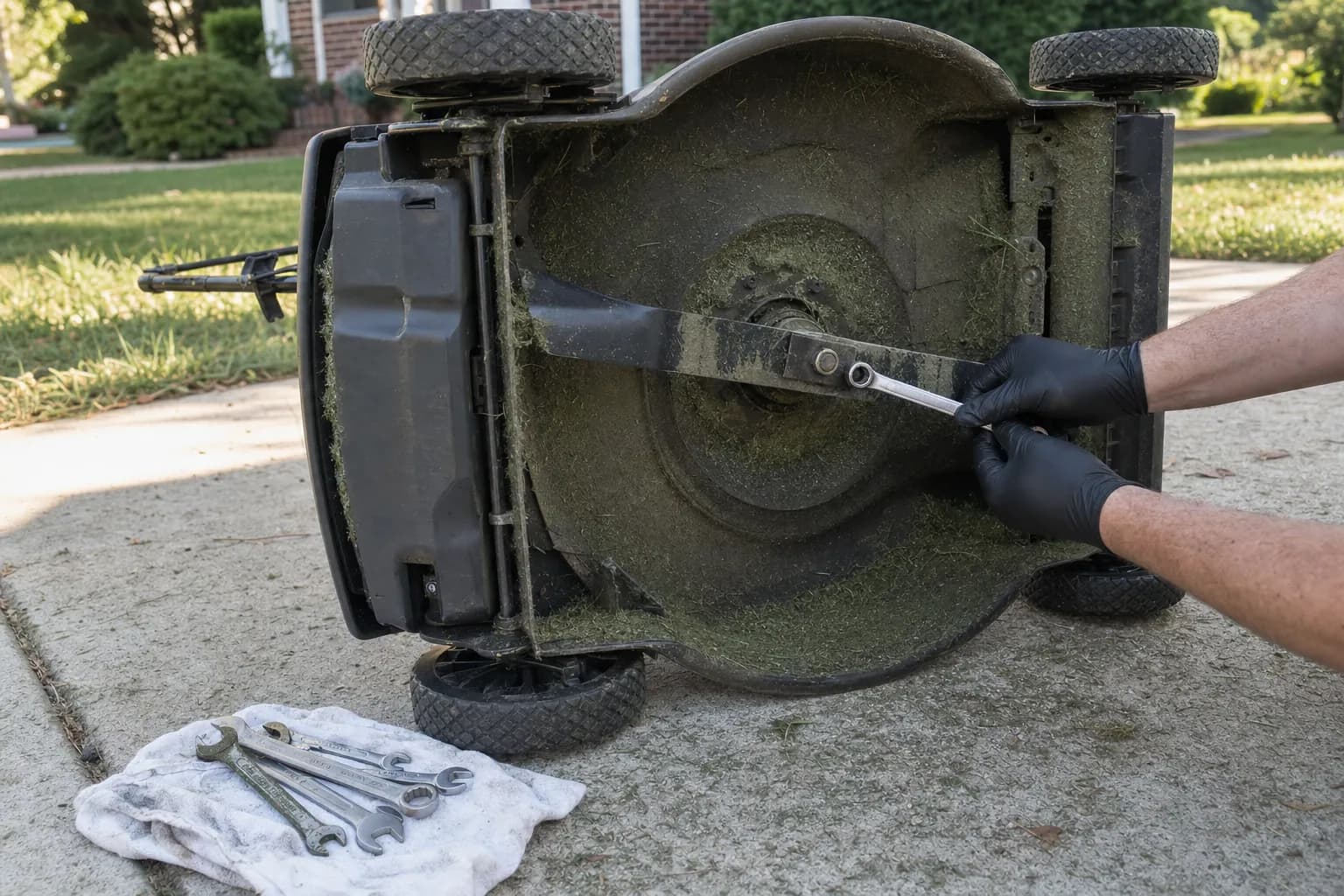 Gloved hands turning a bolt on an overturned push-mower deck on a concrete driveway