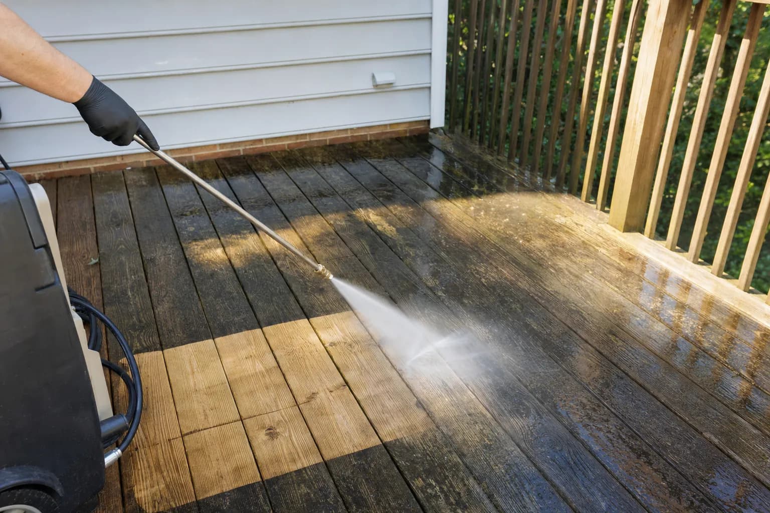 A gloved hand spraying a weathered wooden deck with a pressure-washer wand