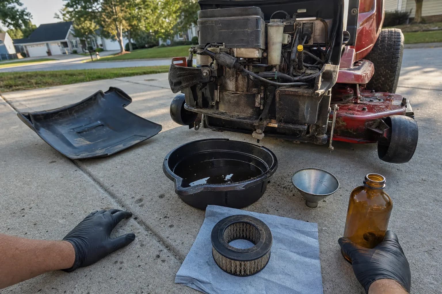 Oil pan, funnel, and air filter beside an open riding-mower engine on a driveway