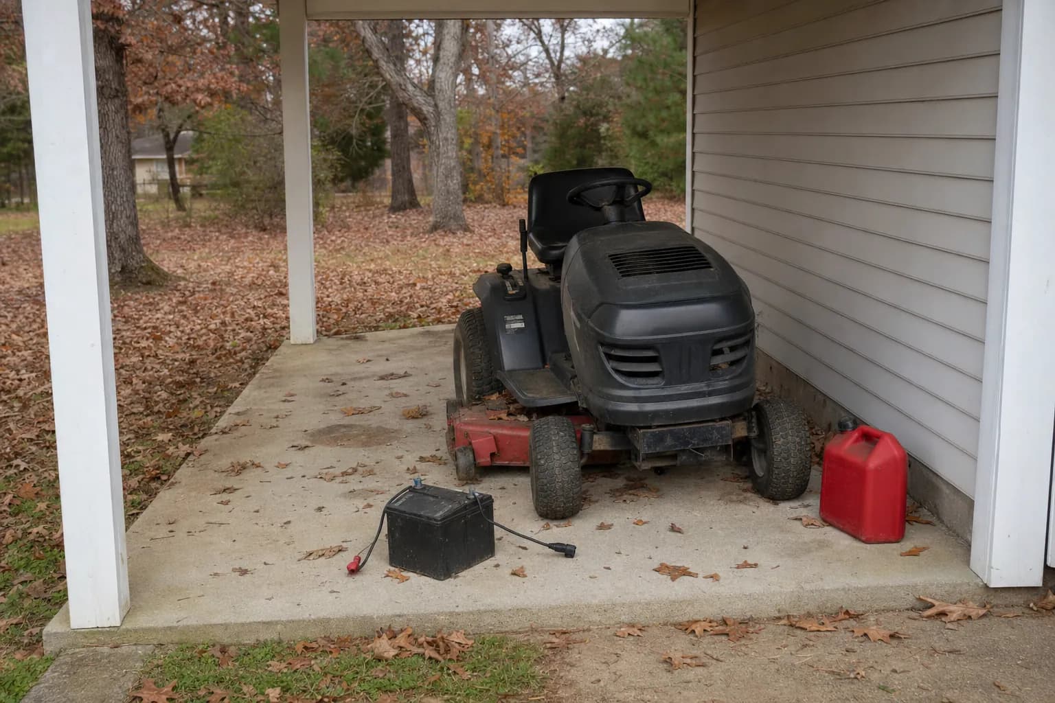 A riding mower in a carport with a disconnected battery and a fuel can among autumn leaves