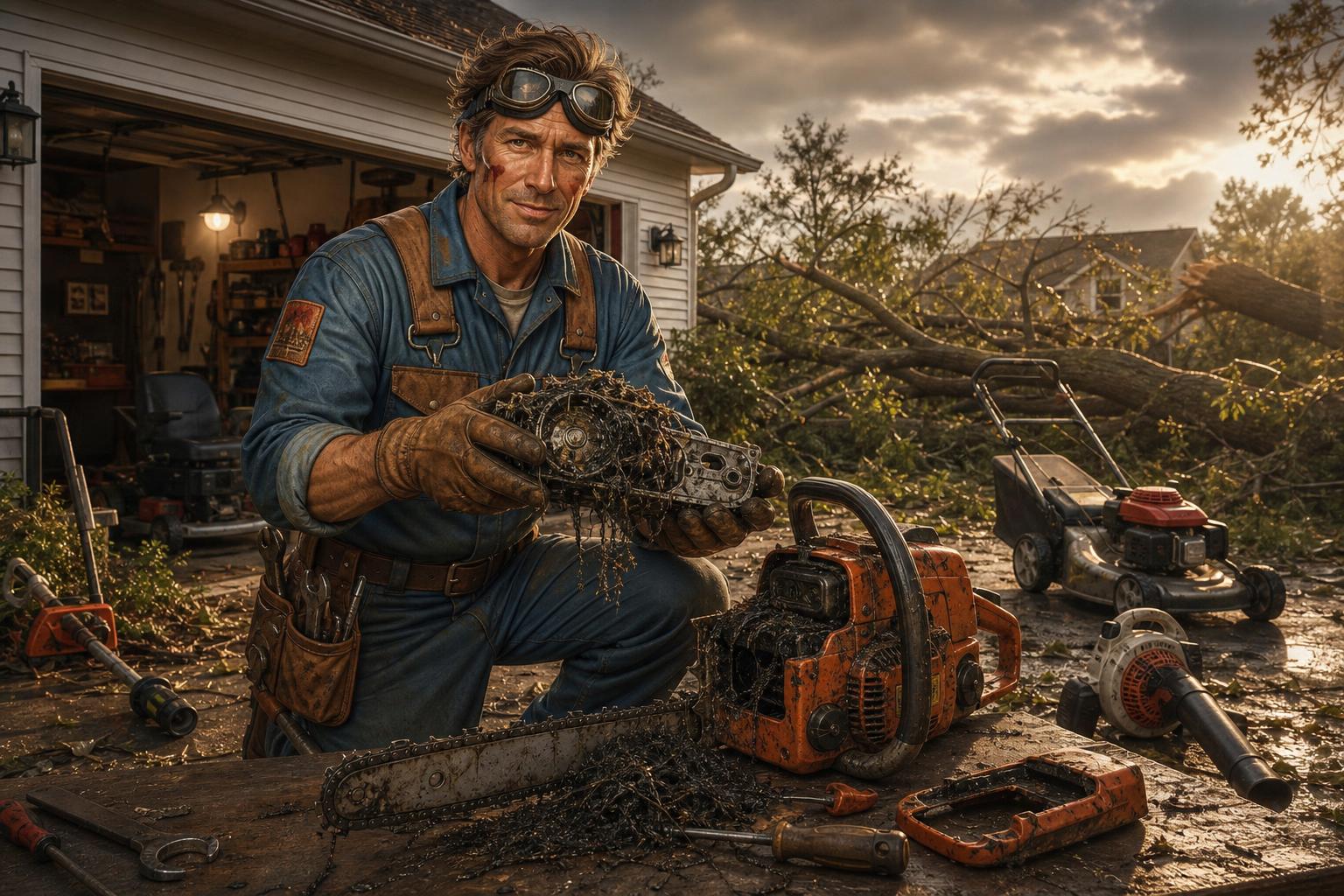 Chainsaw right before storm cleanup: head full of melted line and debris—not operator error alone