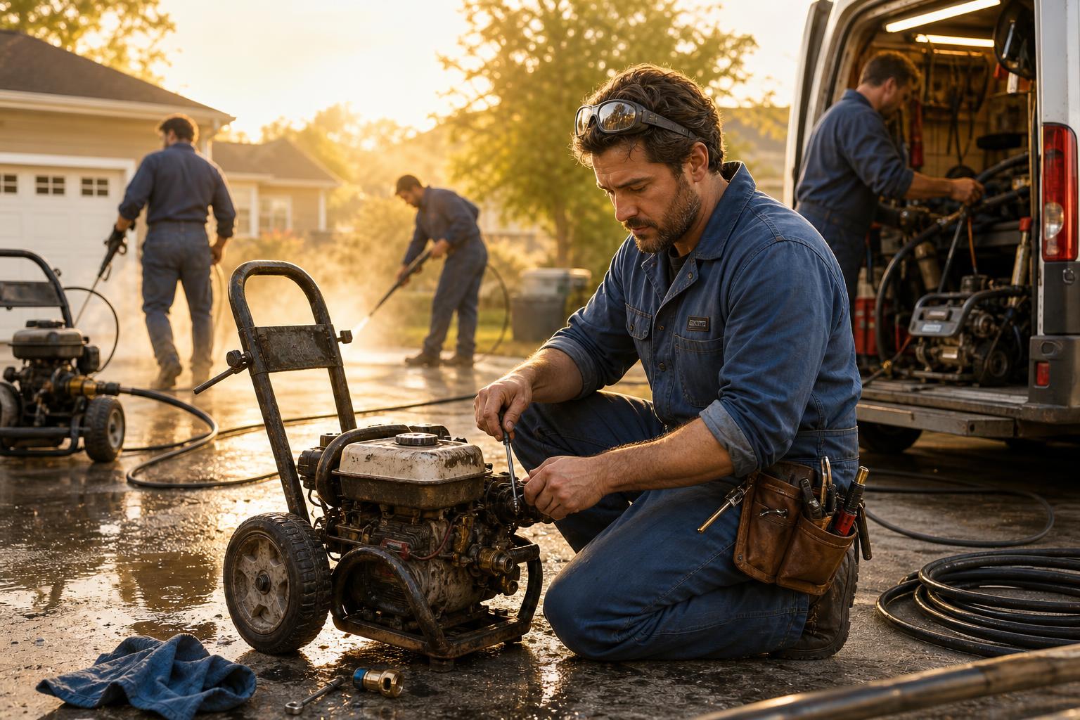 Pressure washer season hit hard: a crew pushing machines hot with no daily once-over